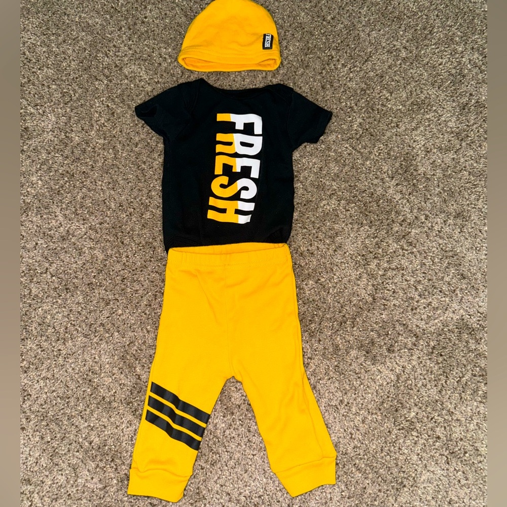Fresh Baby Boy 3-Piece Outfit with Onesie, Pants, and Beanie - 3-6 Months